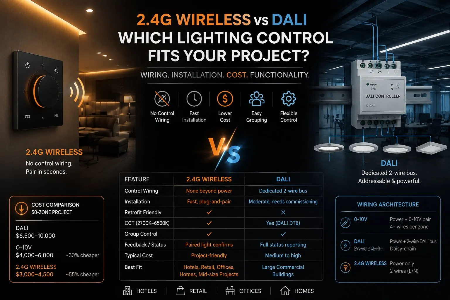 2.4GHz wireless lighting control panel compared to a DALI bus lighting system
