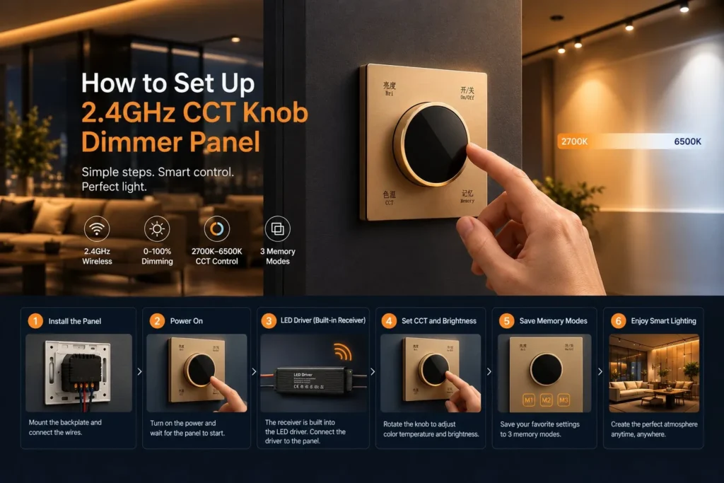 SOLUXLED gold-trimmed 2.4GHz CCT knob dimmer panel installed in a modern interior, with a 5-step setup flow from wall-box mounting to saving 3 memory scenes.
