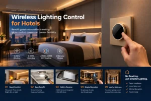 Wireless lighting control for hotels by SOLUXLED — 2.4GHz CCT knob dimmer panel in an 86-box with three guest room scene presets, controlling downlights, magnetic track and LED strip without rewiring.