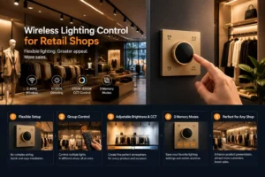 Wireless lighting control for retail shops by SOLUXLED — 2.4GHz CCT knob dimmer panel with group control, adjustable brightness, tunable white, and 3 memory modes for fashion store displays and visual merchandising.